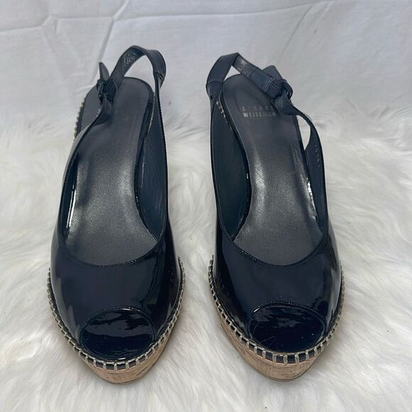 Stuart Weitzman Black Patent Topstitched Slingback Cork Wedge Heels Sz 9.5 - Picture 2 of 6